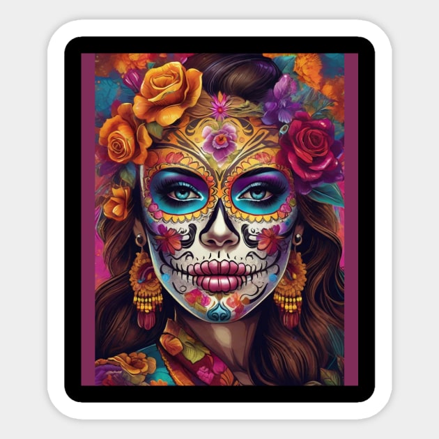 Colorful Remembrance: Woman's Stunning Sugar Skull Makeup Sticker by ImaginativeInkPOD